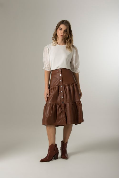 Falda largo midi Sesia de cuero para mujer recogidos Miel