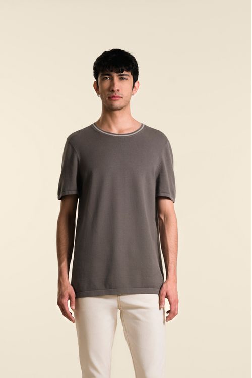 Camiseta tejida lepus de algodón para hombre cuello en contraste