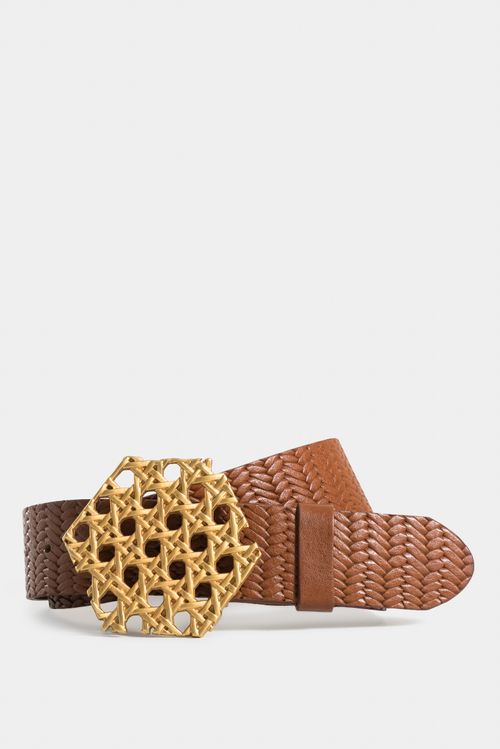 Cinturón unifaz queen de cuero liso para mujer hebilla tipo rattan mediana