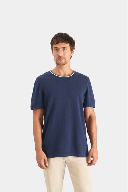 Camiseta tejida lepus de algodón para hombre cuello en contraste