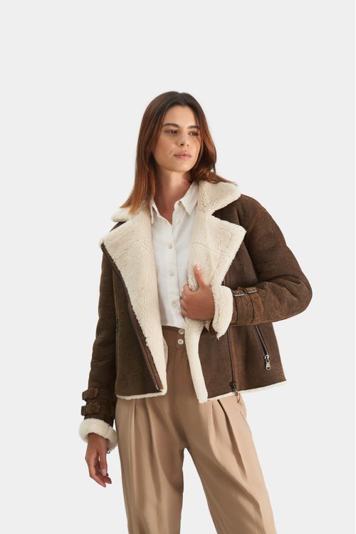 Chaqueta aviator de cuero ovino y lana para mujer acabado nobuck