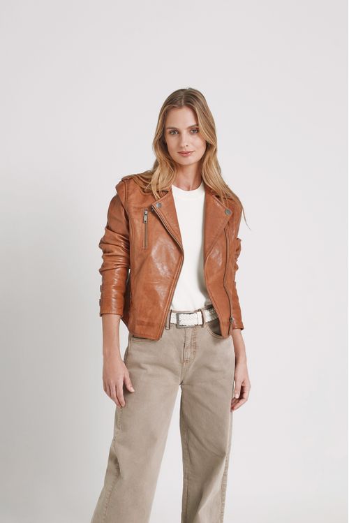 Chaqueta biker natura de cuero para mujer semi ajustada