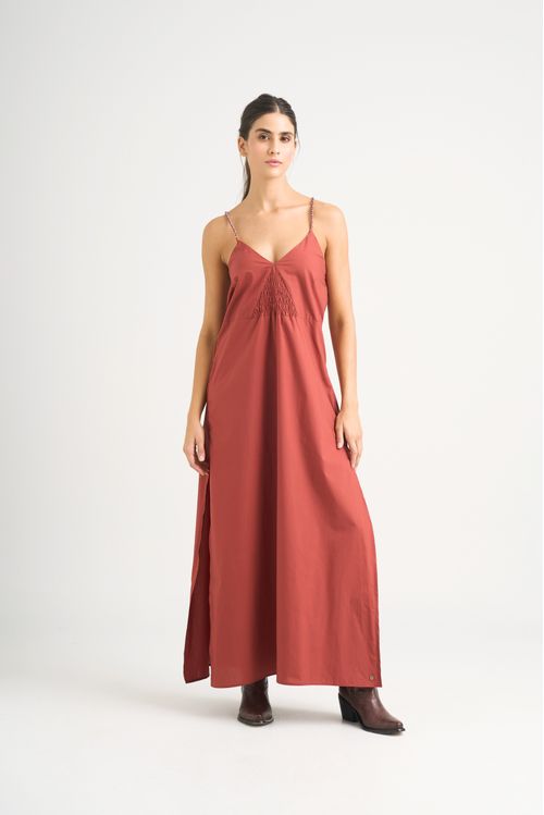 Vestido maxi Celeste en tejido plano para mujer detalle trenzado