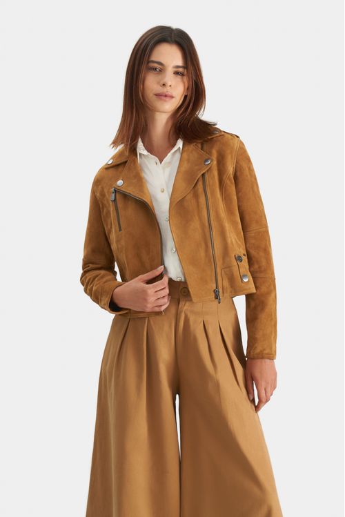 Chaqueta biker en cuero gamuza para mujer fit ajustado